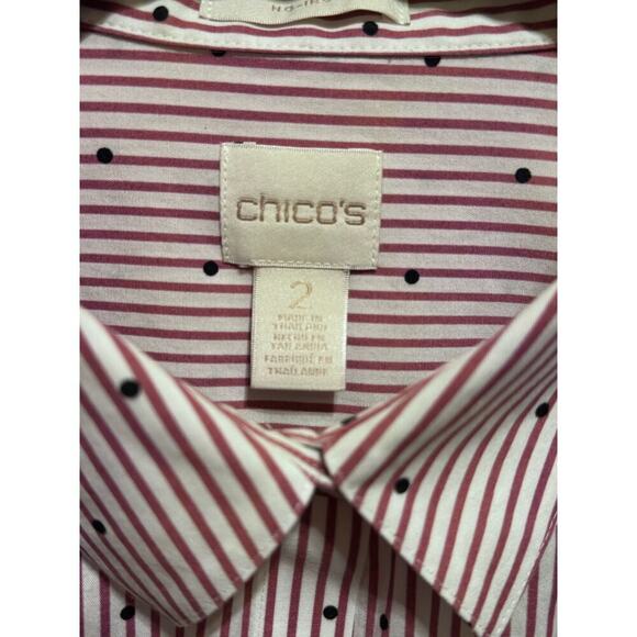 Chico's Red White Blue Polka Dots No Iron Button Up Collar Tunic Shirt Sz 2 (l) - Picture 5 of 11